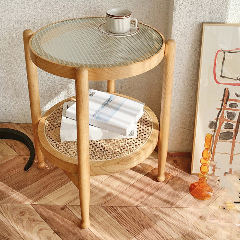 Tropical Round Cocktail Table Glass Top Coffee Cocktail Table with Shelf