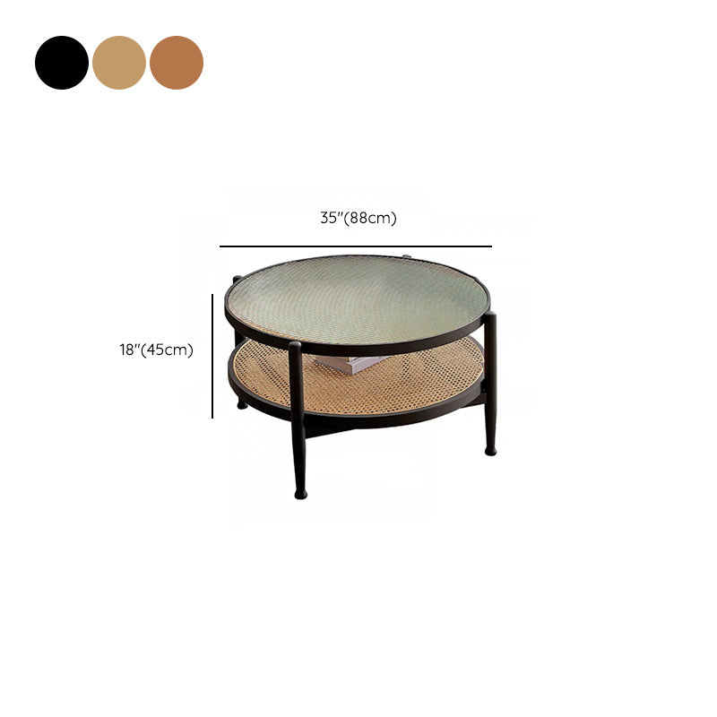 Tropical Round Cocktail Table Glass Top Coffee Cocktail Table with Shelf