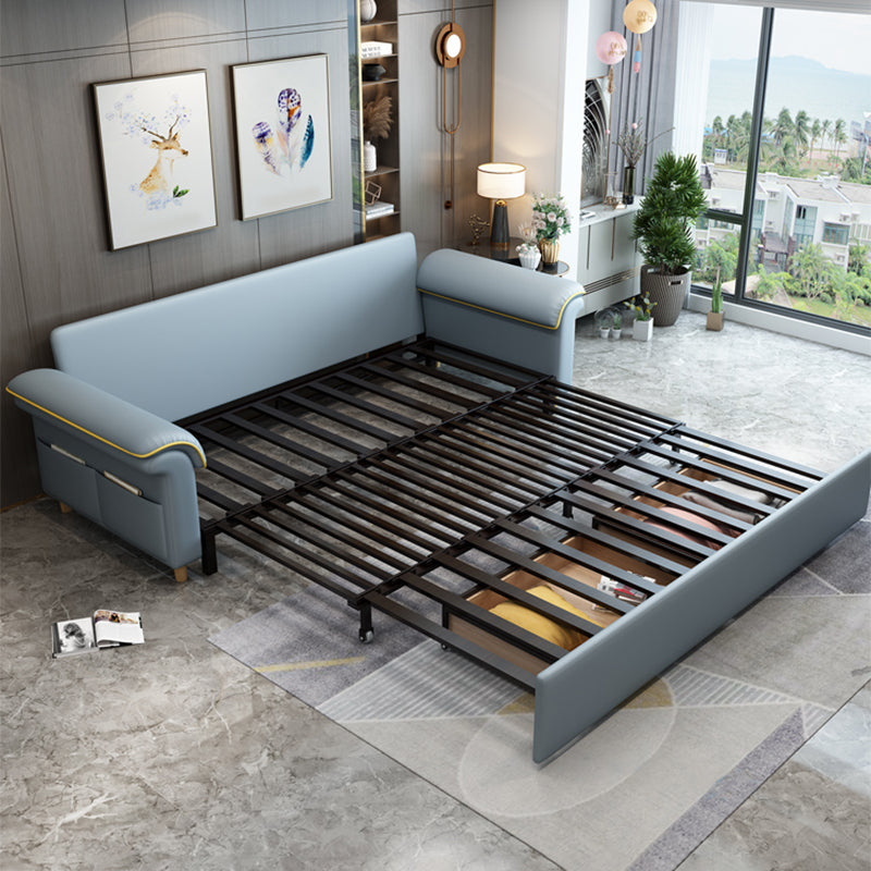 Blue Faux Leather Sleeper Sofa with Storage Scandinavian Sofa Bed