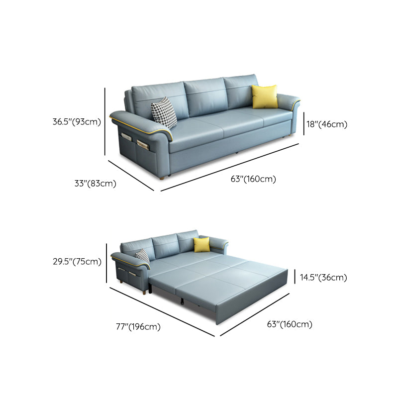 Blue Faux Leather Sleeper Sofa with Storage Scandinavian Sofa Bed