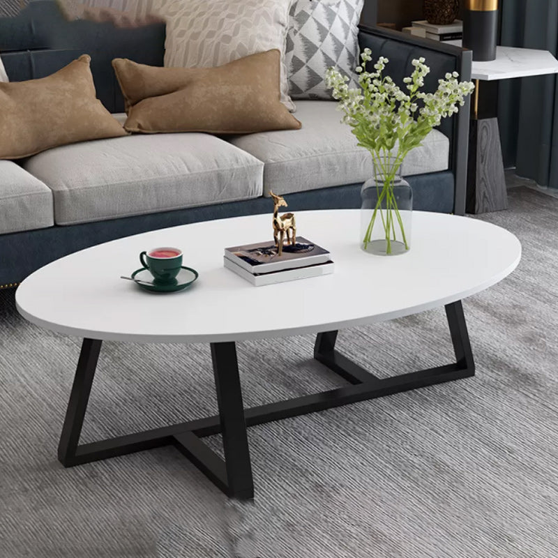 Modern Oval Coffee Table Wood and Steel Coffee Table Cross Legs