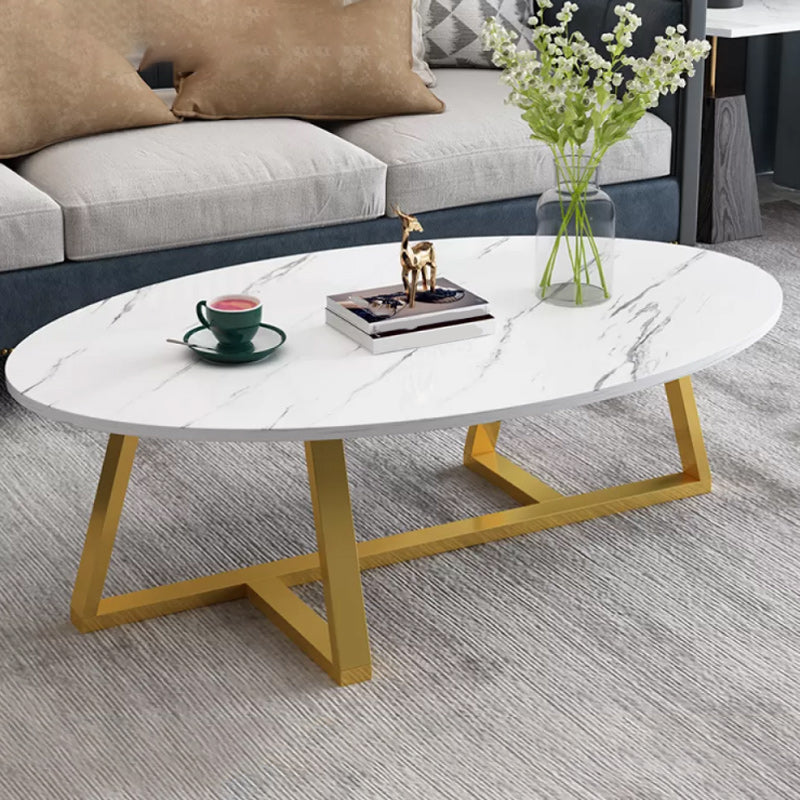 Modern Oval Coffee Table Wood and Steel Coffee Table Cross Legs