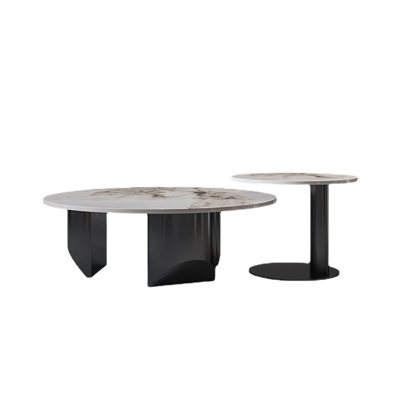 Contemporary Round Coffee or End Table Iron and Stone Coffee Table in Black and White