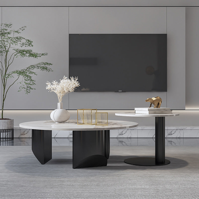 Contemporary Round Coffee or End Table Iron and Stone Coffee Table in Black and White