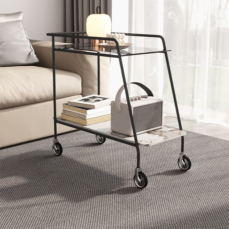 25.59" Tall Rectangle Glass Top Side Table Iron Base End Table with Shelf and Wheel