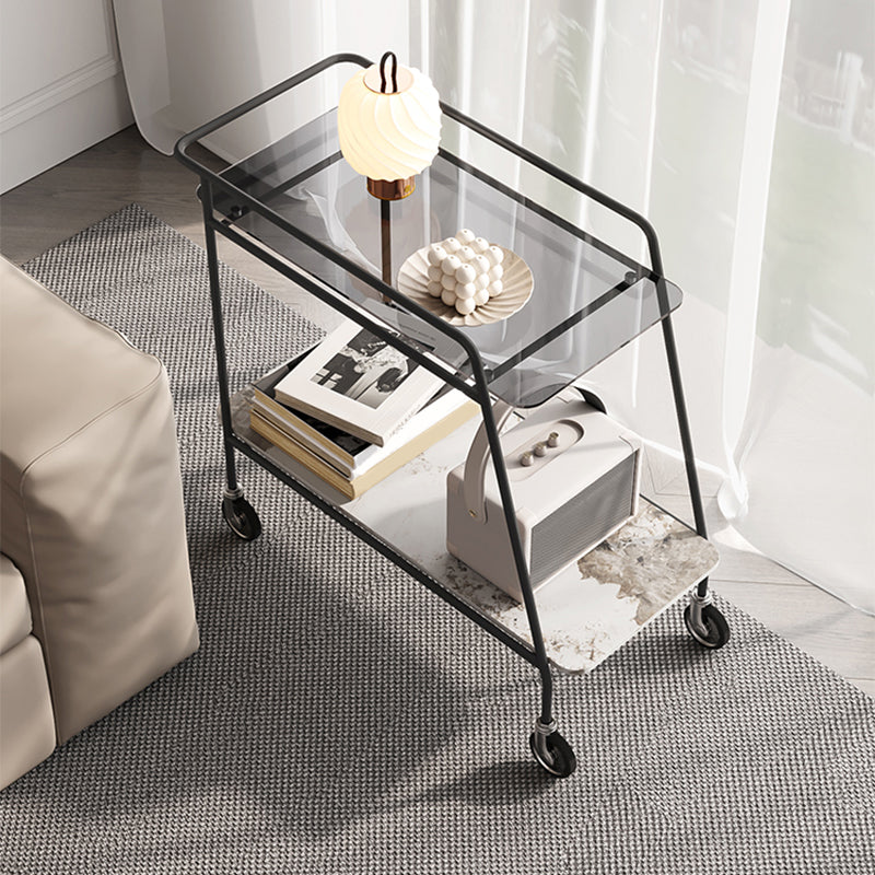 25.59" Tall Rectangle Glass Top Side Table Iron Base End Table with Shelf and Wheel