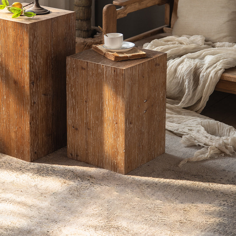 Country Style Square Side Table Natural Solid Wood End Table