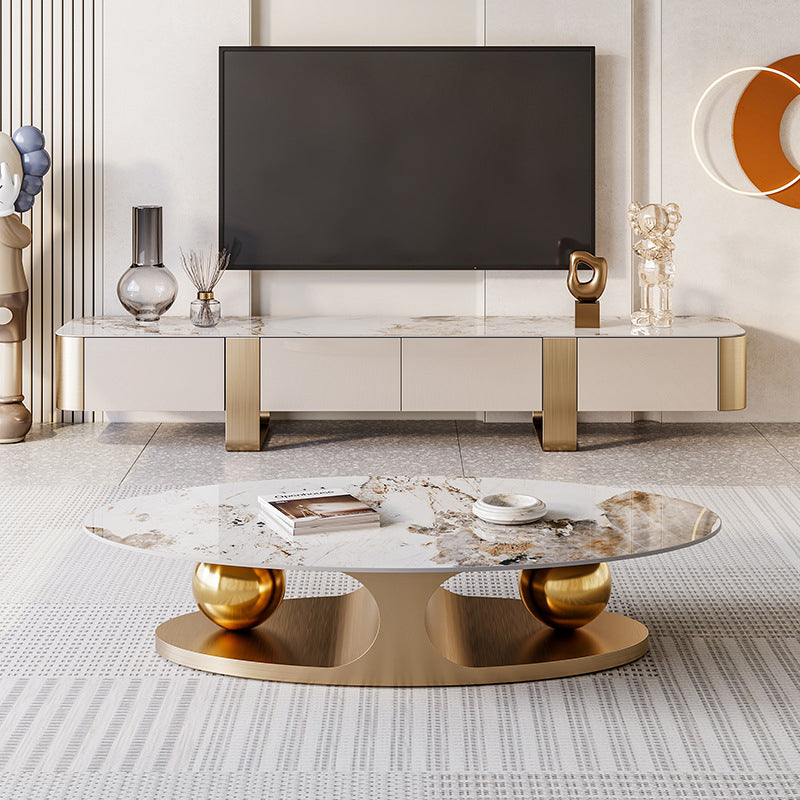 Glam Oval Stone Cocktail Table Single Beige Coffee Cocktail Table