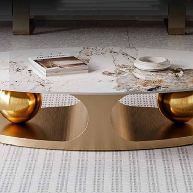 Glam Oval Stone Cocktail Table Single Beige Coffee Cocktail Table