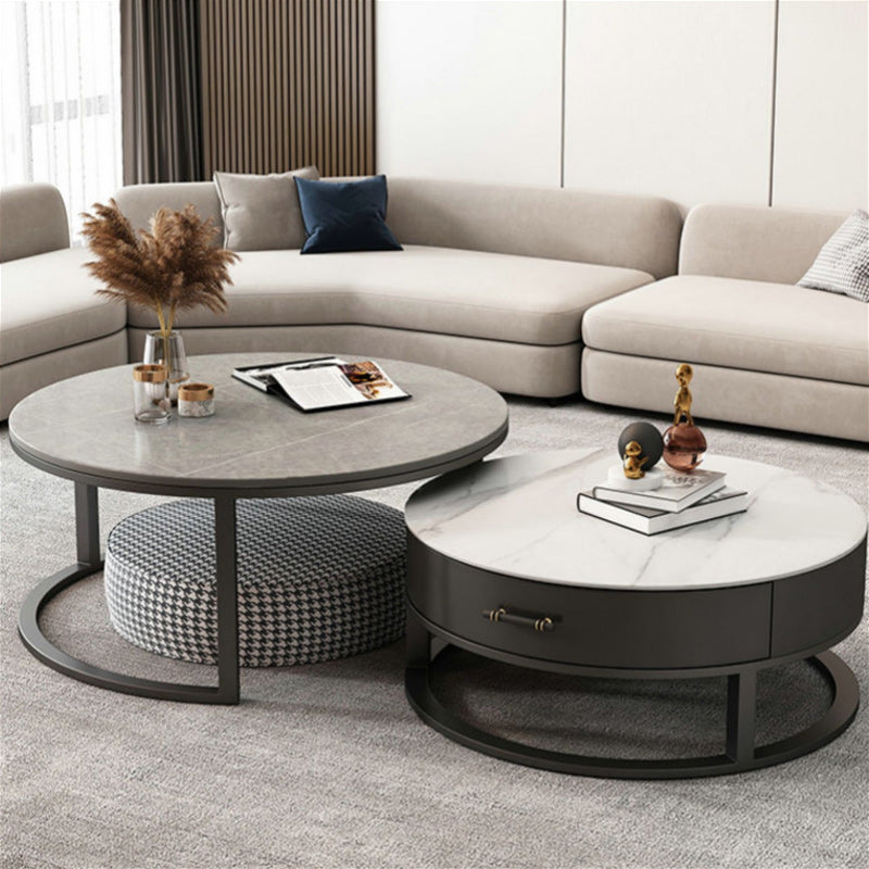 Stone Round Contemporary Cocktail Table Frame Nesting Coffee Table Set