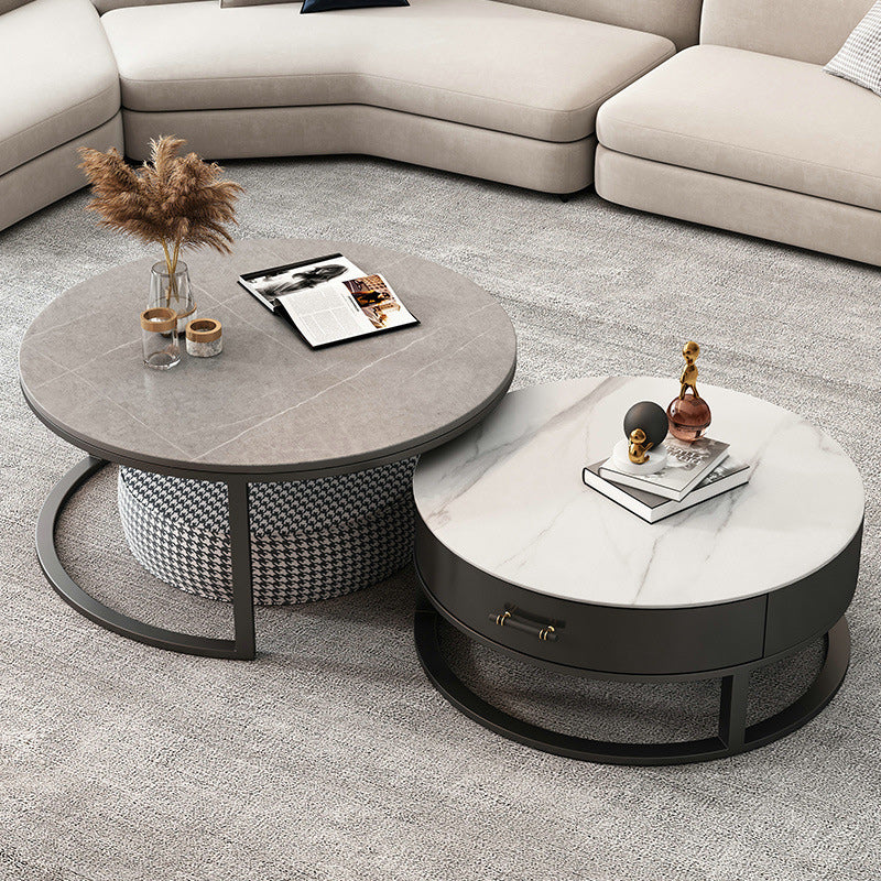 Stone Round Contemporary Cocktail Table Frame Nesting Coffee Table Set