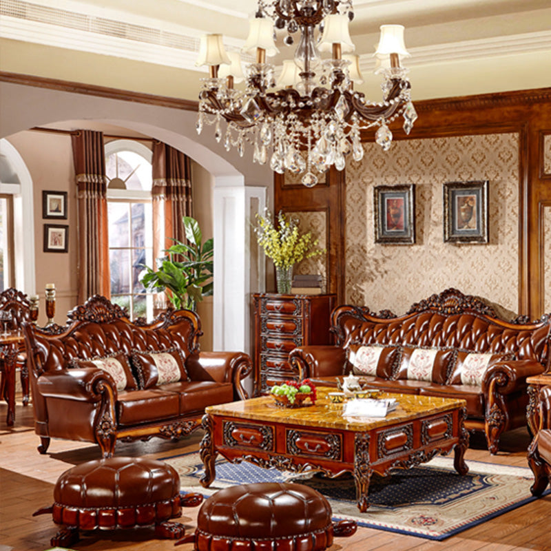 Classic Tufted Split-Back Seating Flared Arm Sofa with Pillows in Brown