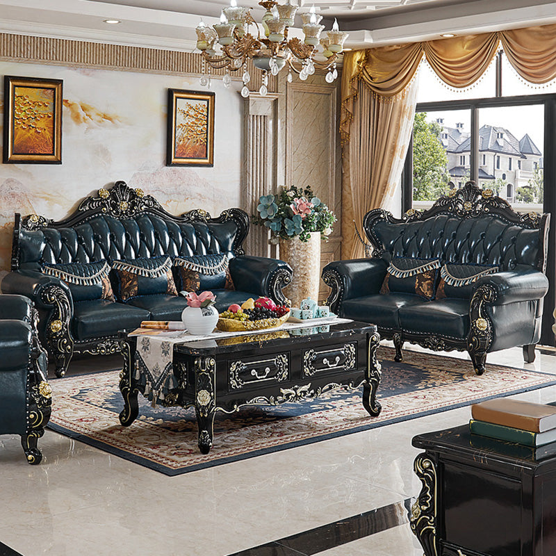 Traditional Leather Sofa Tufted Split-Back Seating Flared Arm