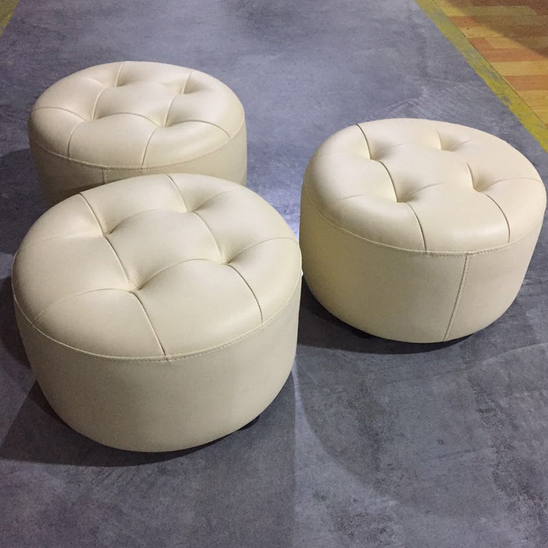 Mid-Century Modern Pouf Ottoman Genuine Leather Upholstered Tufted Cylinder Shape Ottoman