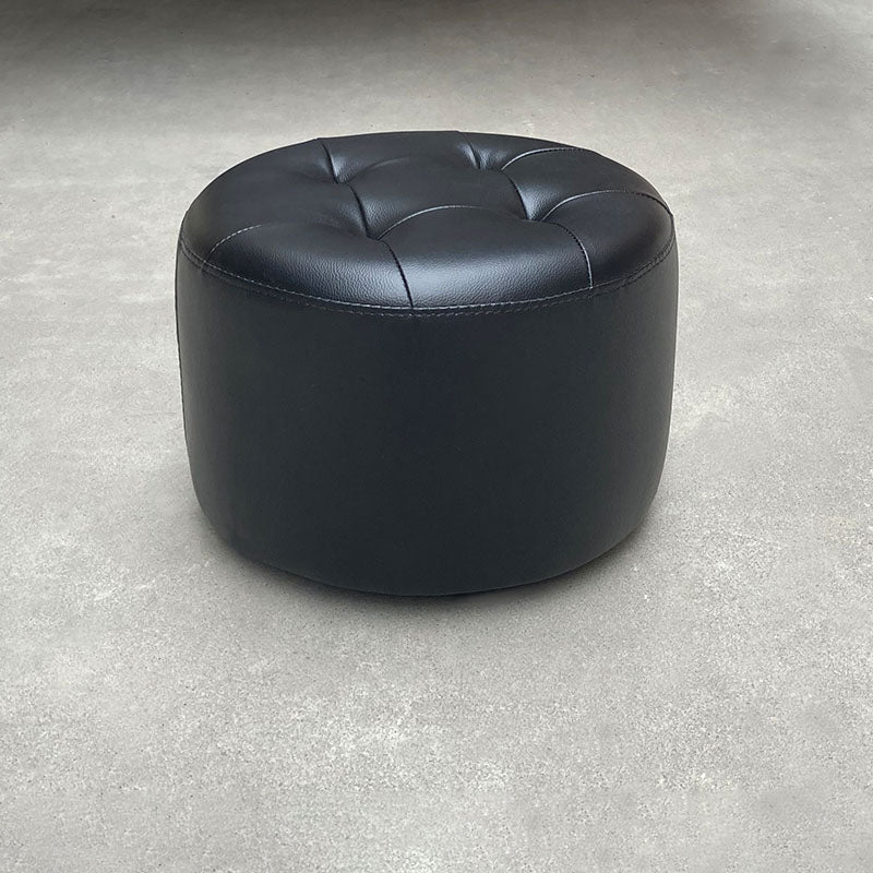Mid-Century Modern Pouf Ottoman Genuine Leather Upholstered Tufted Cylinder Shape Ottoman