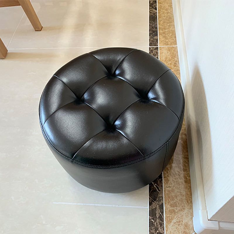 Mid-Century Modern Pouf Ottoman Genuine Leather Upholstered Tufted Cylinder Shape Ottoman