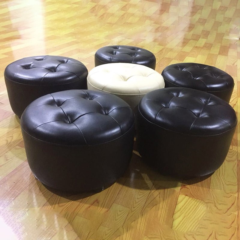 Mid-Century Modern Pouf Ottoman Genuine Leather Upholstered Tufted Cylinder Shape Ottoman