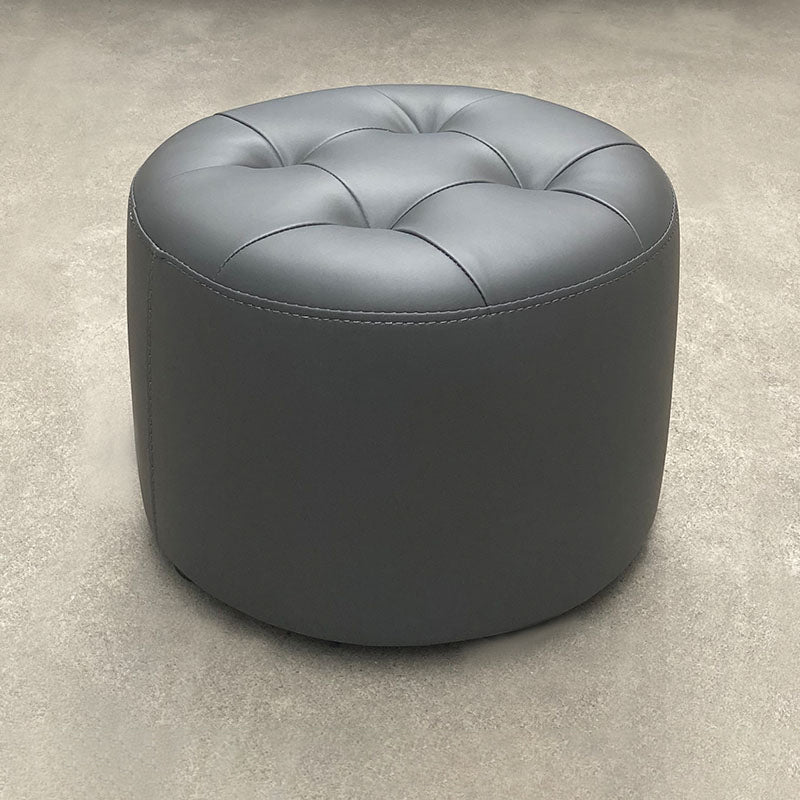 Mid-Century Modern Pouf Ottoman Genuine Leather Upholstered Tufted Cylinder Shape Ottoman