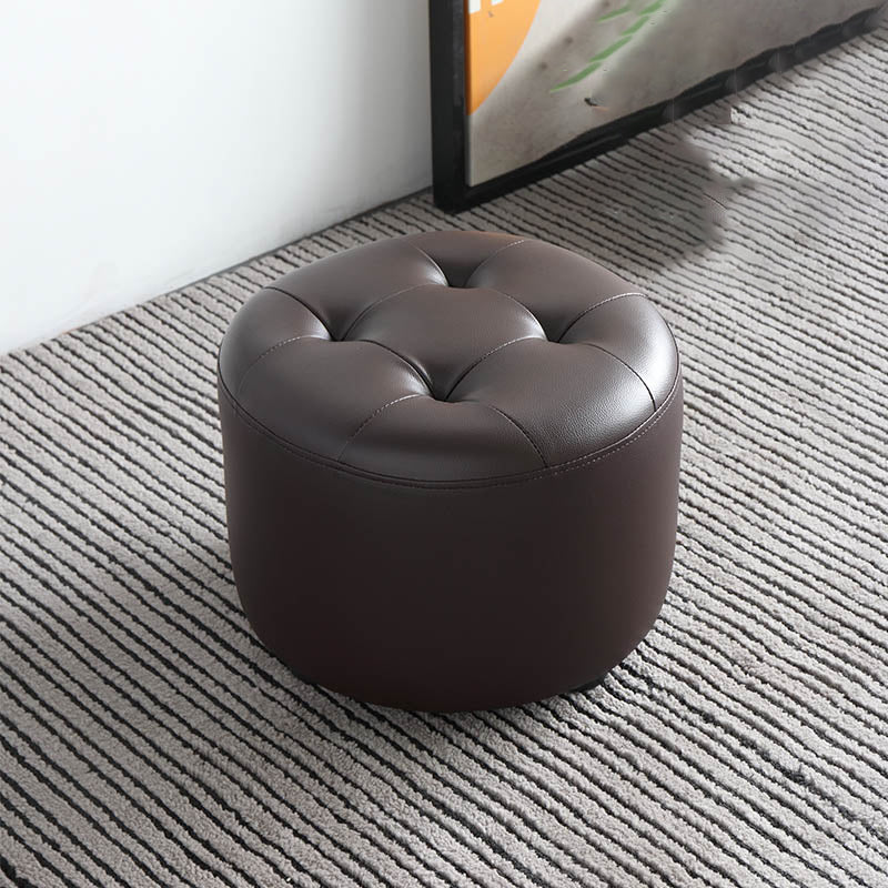 Mid-Century Modern Pouf Ottoman Genuine Leather Upholstered Tufted Cylinder Shape Ottoman