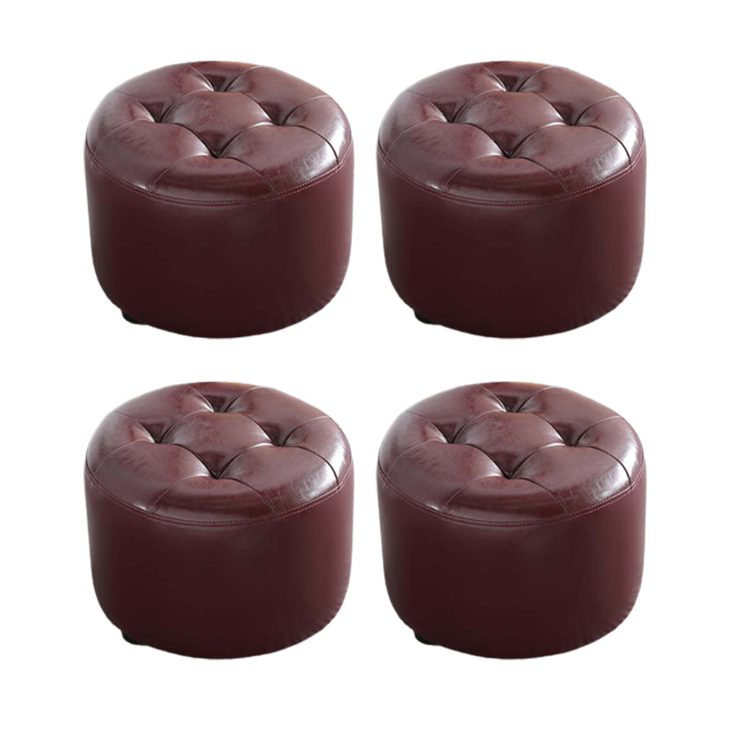 Mid-Century Modern Pouf Ottoman Genuine Leather Upholstered Tufted Cylinder Shape Ottoman