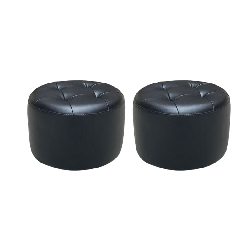 Mid-Century Modern Pouf Ottoman Genuine Leather Upholstered Tufted Cylinder Shape Ottoman