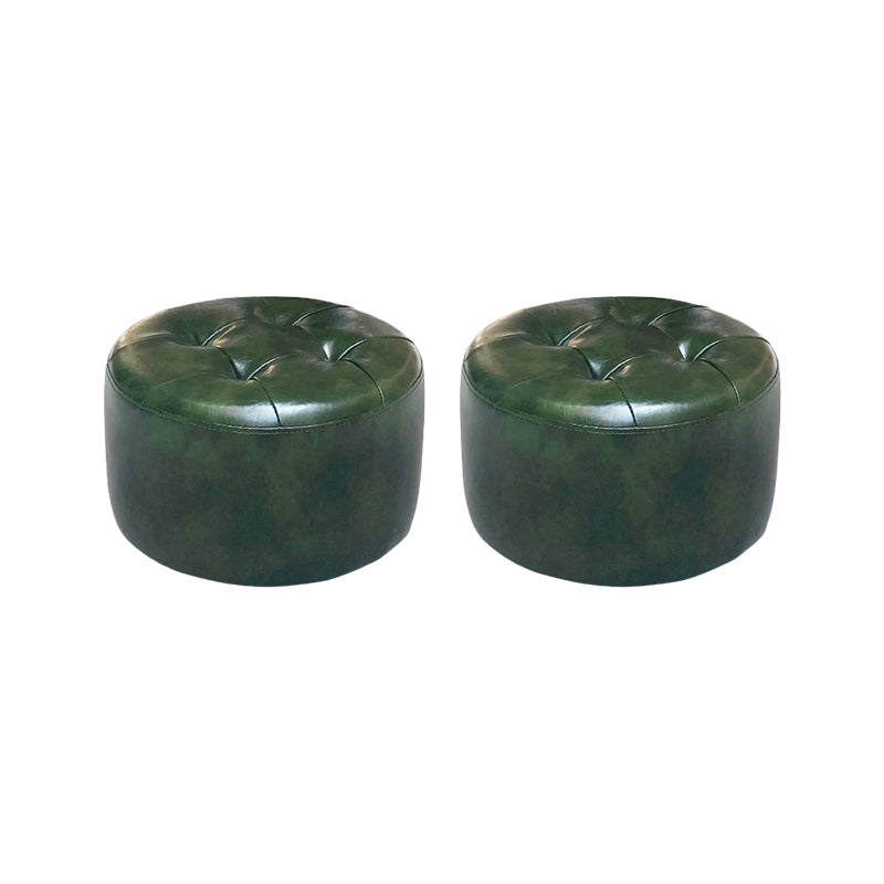 Mid-Century Modern Pouf Ottoman Genuine Leather Upholstered Tufted Cylinder Shape Ottoman