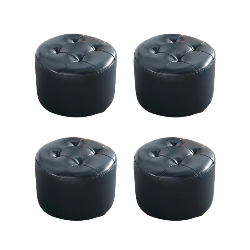 Mid-Century Modern Pouf Ottoman Genuine Leather Upholstered Tufted Cylinder Shape Ottoman