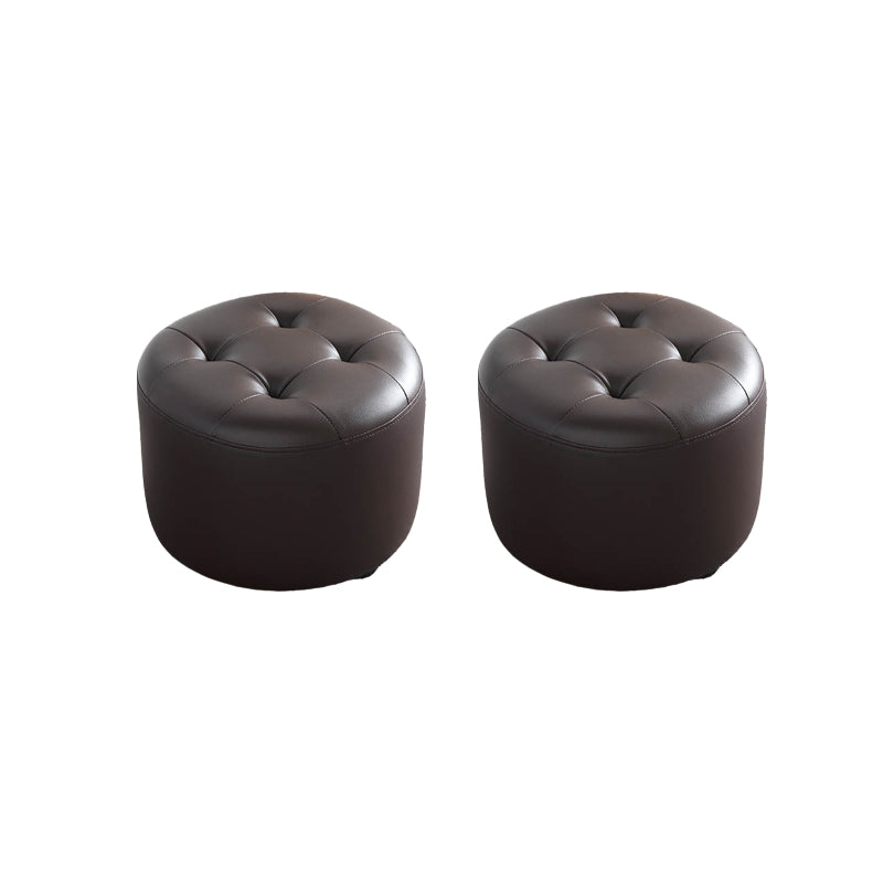 Mid-Century Modern Pouf Ottoman Genuine Leather Upholstered Tufted Cylinder Shape Ottoman