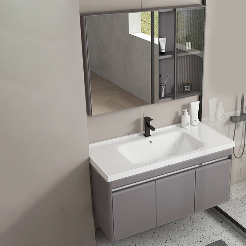 Modern Metal Sink Vanity Wall Mount Khaki Tone Bathroom Vanity with Mirror Cabinet