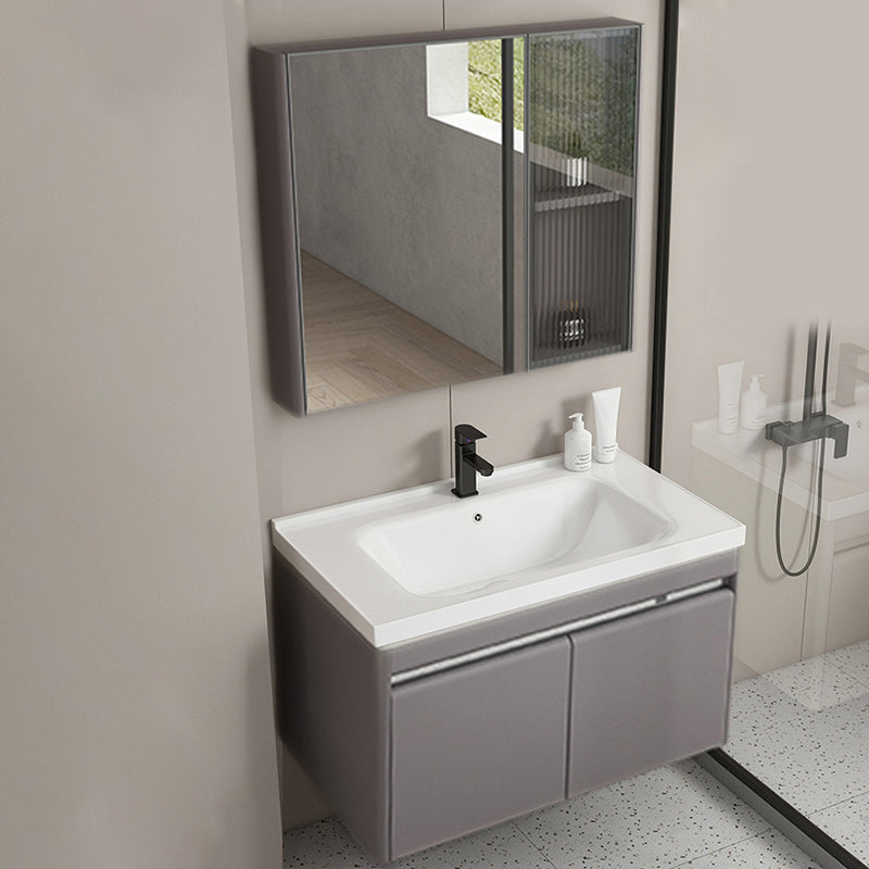 Modern Metal Sink Vanity Wall Mount Khaki Tone Bathroom Vanity with Mirror Cabinet