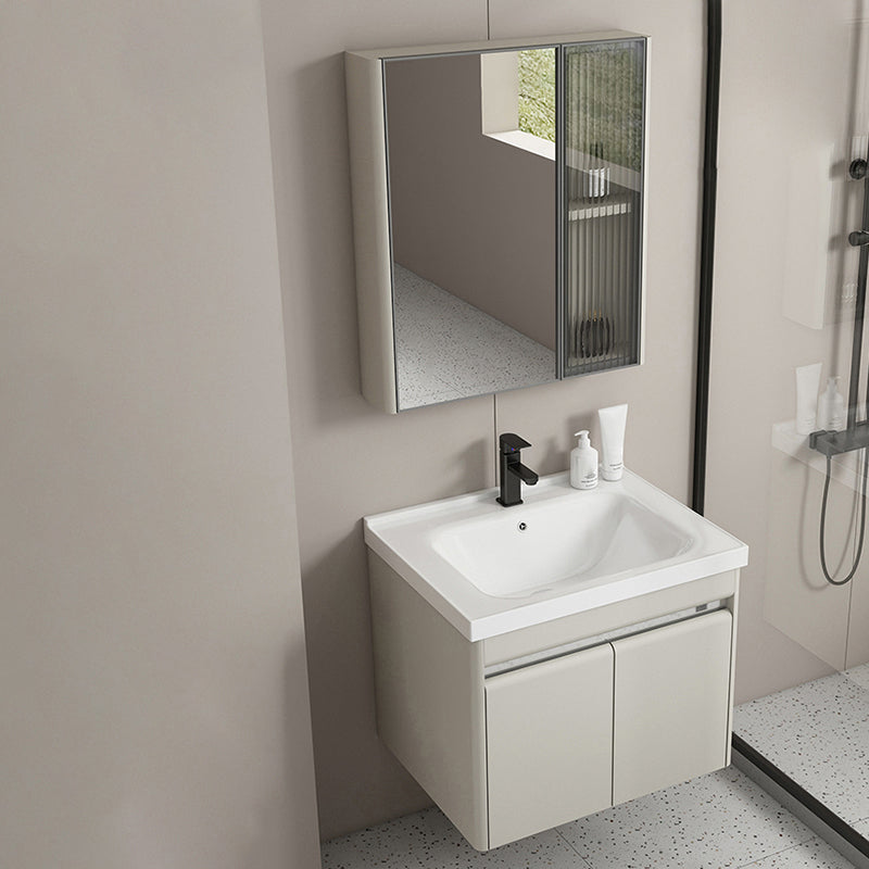 Modern Metal Sink Vanity Wall Mount Khaki Tone Bathroom Vanity with Mirror Cabinet