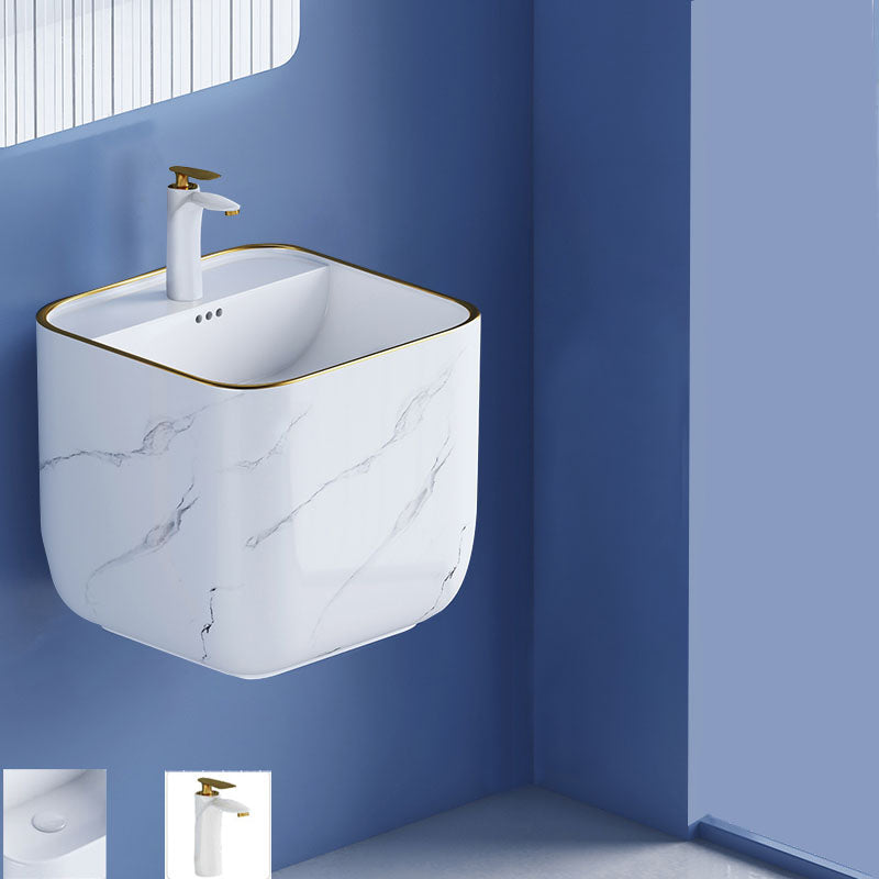 Modern Wall Mount Bathroom Sink Square Porcelain with Faucet Vessel Sink