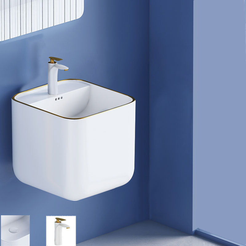 Modern Wall Mount Bathroom Sink Square Porcelain with Faucet Vessel Sink