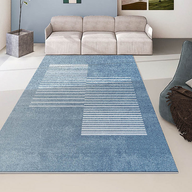 Modern Blue Rug Polyester Striped Area Rug Washable Rug for Drawing Room