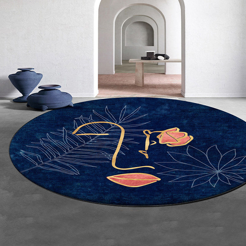 Navy Modern Rug Polyester Abstract Print Rug Washable Rug for Living Room