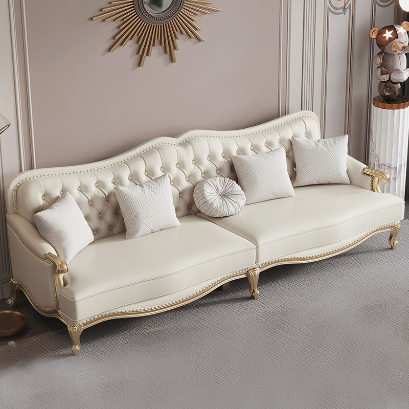 Beige Mid-Century Modern Sofa Tufted Genuine Leather Recessed Arm Sofa