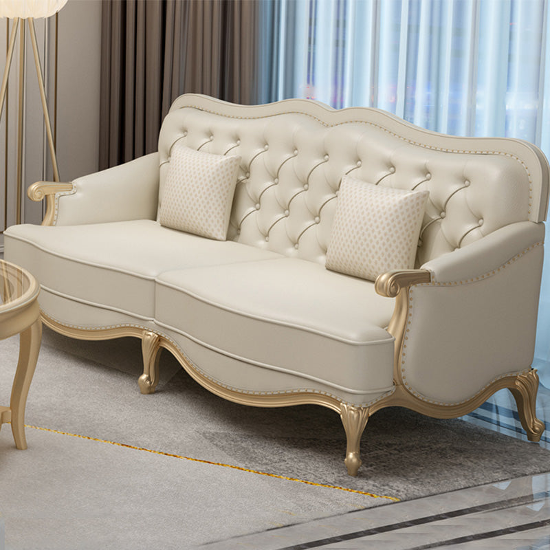 Beige Mid-Century Modern Sofa Tufted Genuine Leather Recessed Arm Sofa