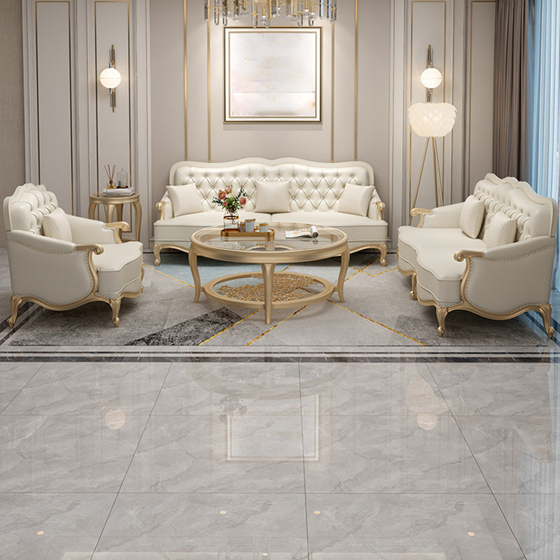 Beige Mid-Century Modern Sofa Tufted Genuine Leather Recessed Arm Sofa