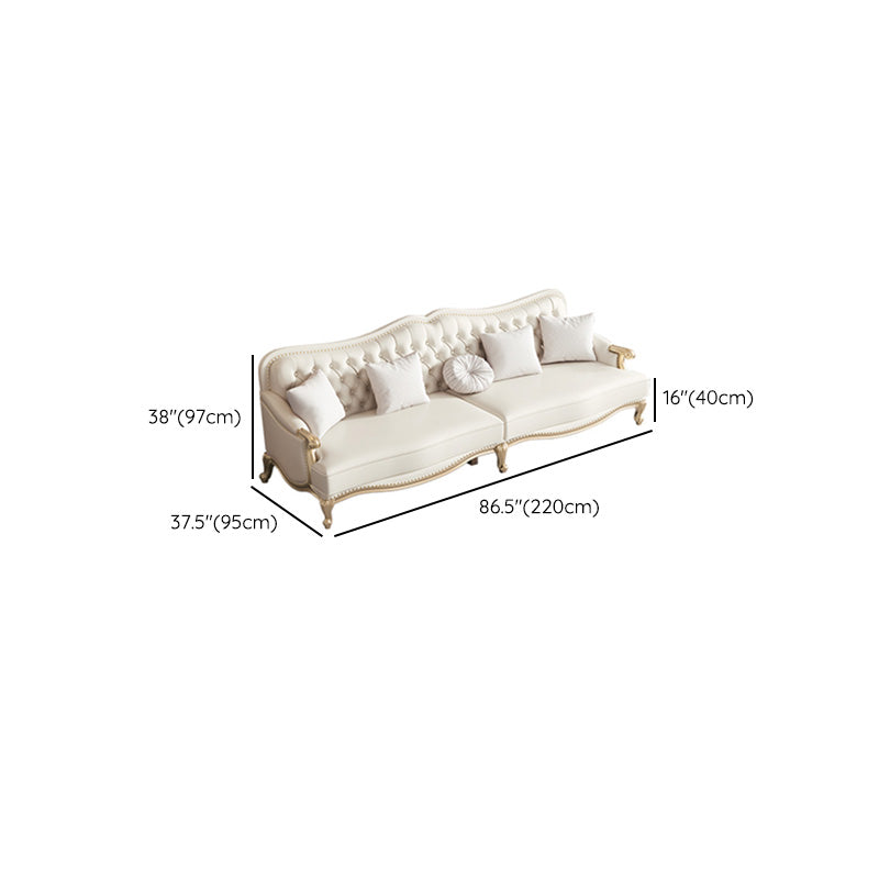 Beige Mid-Century Modern Sofa Tufted Genuine Leather Recessed Arm Sofa