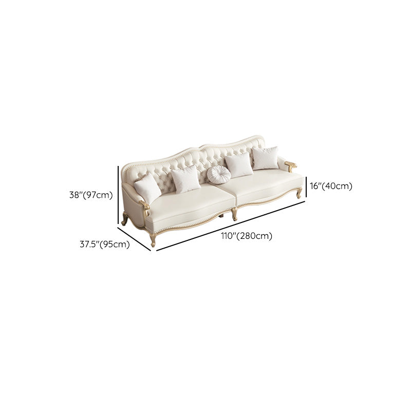 Beige Mid-Century Modern Sofa Tufted Genuine Leather Recessed Arm Sofa