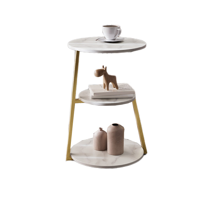 Glam Metal Side Table with Shelves Round Stone Top Accent Side Table