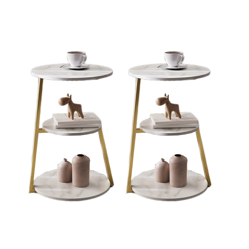 Glam Metal Side Table with Shelves Round Stone Top Accent Side Table
