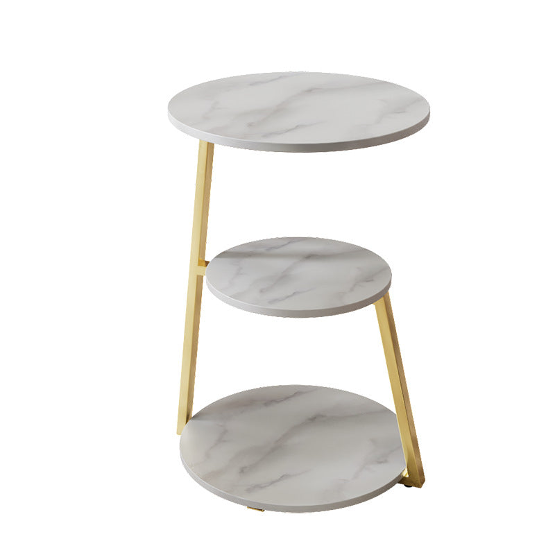 Glam Metal Side Table with Shelves Round Stone Top Accent Side Table