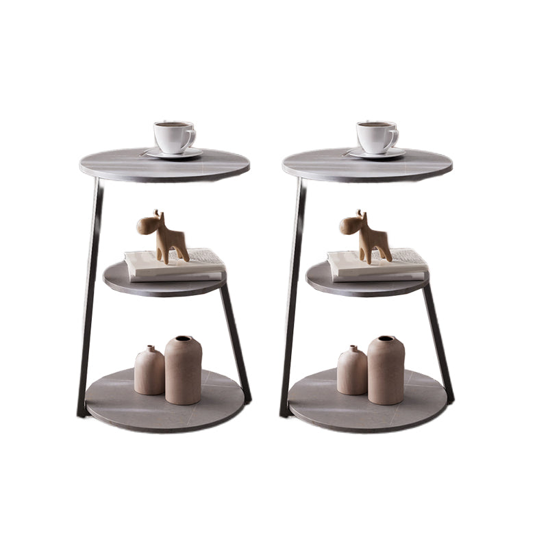 Glam Metal Side Table with Shelves Round Stone Top Accent Side Table