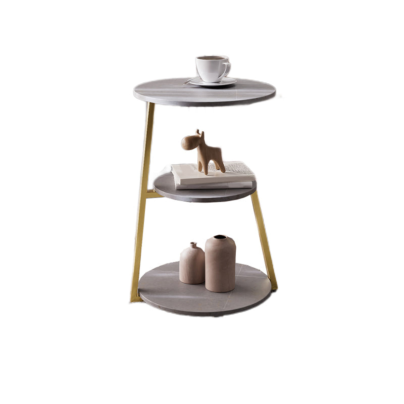 Glam Metal Side Table with Shelves Round Stone Top Accent Side Table