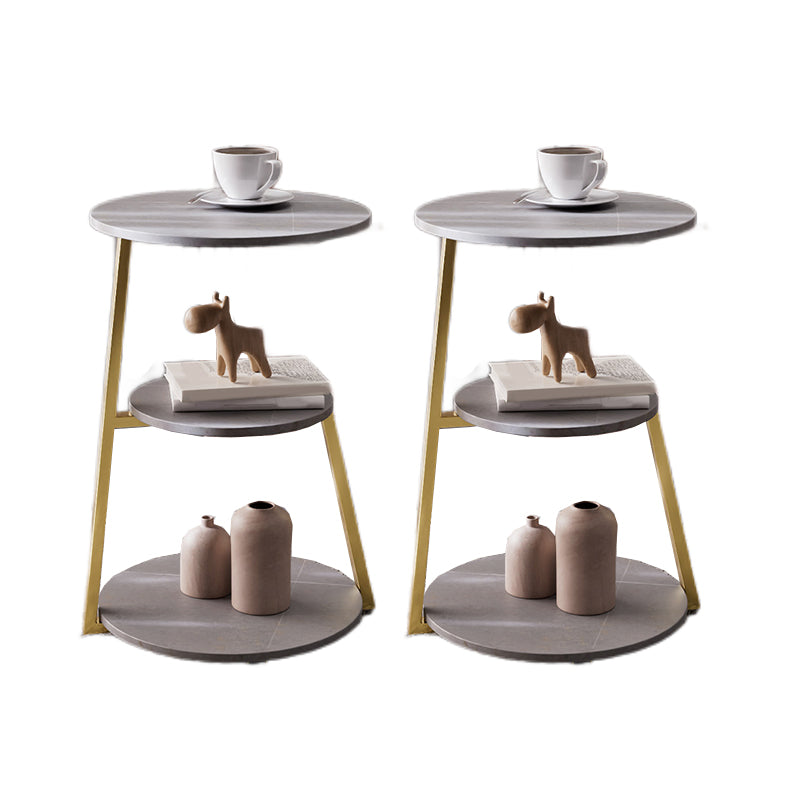 Glam Metal Side Table with Shelves Round Stone Top Accent Side Table