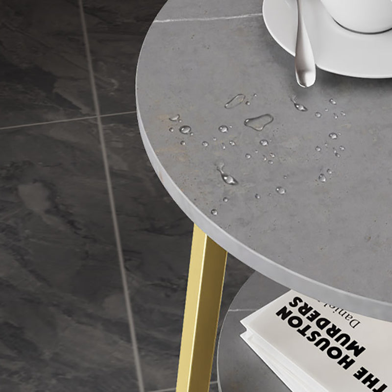 Glam Metal Side Table with Shelves Round Stone Top Accent Side Table