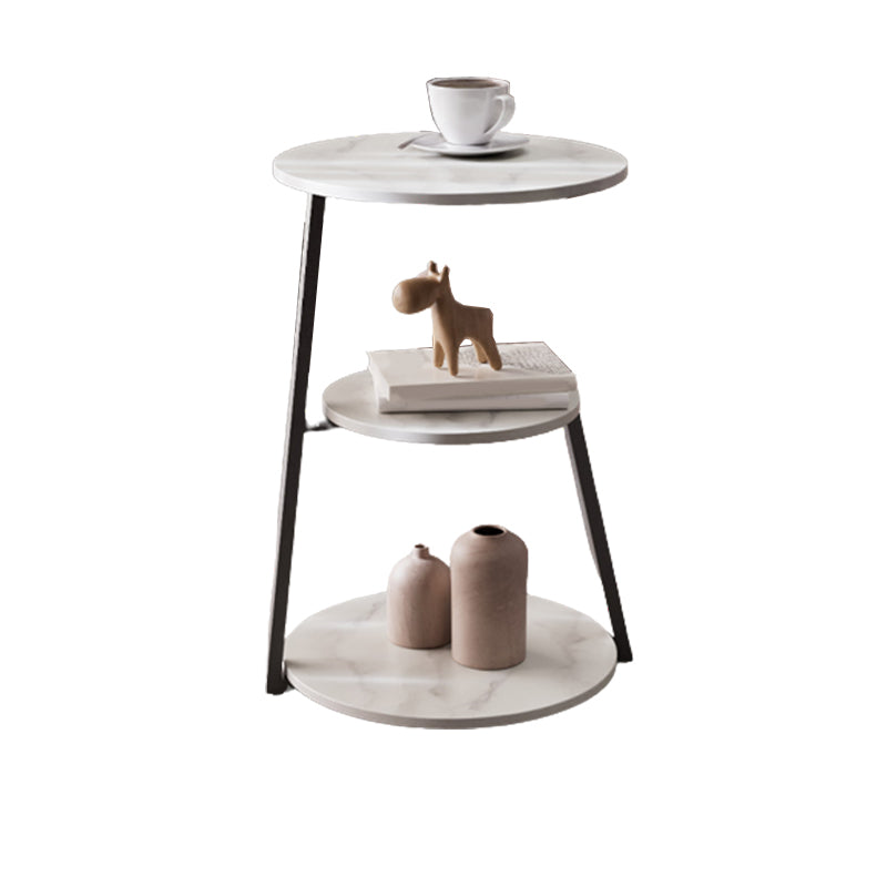Glam Metal Side Table with Shelves Round Stone Top Accent Side Table