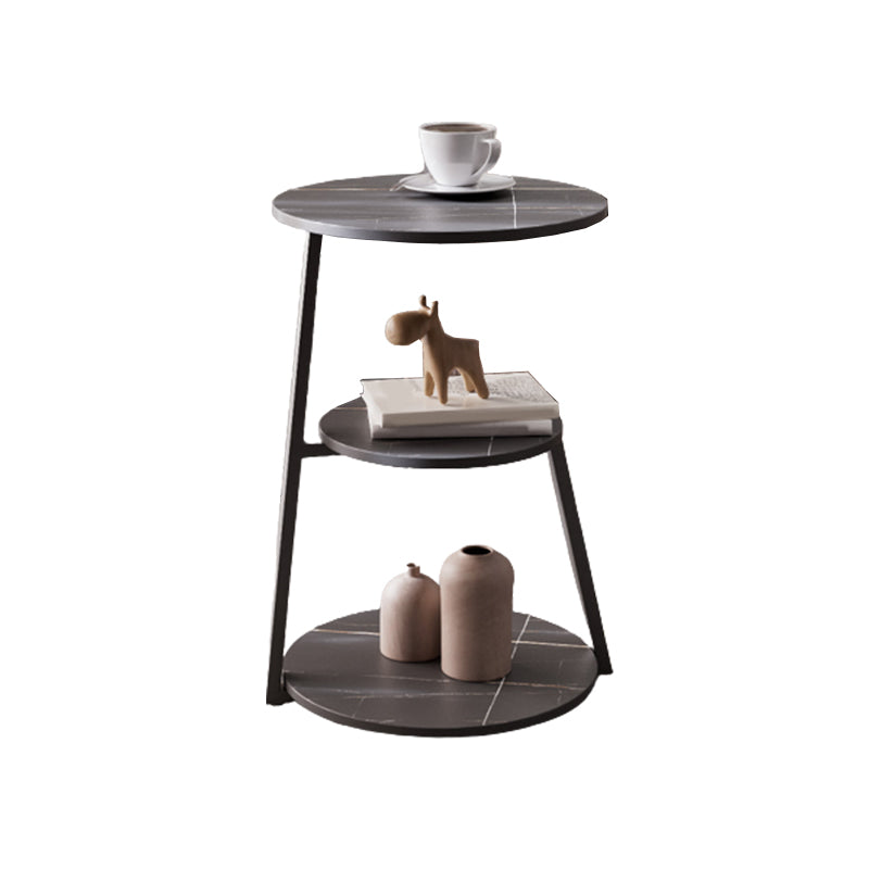 Glam Metal Side Table with Shelves Round Stone Top Accent Side Table