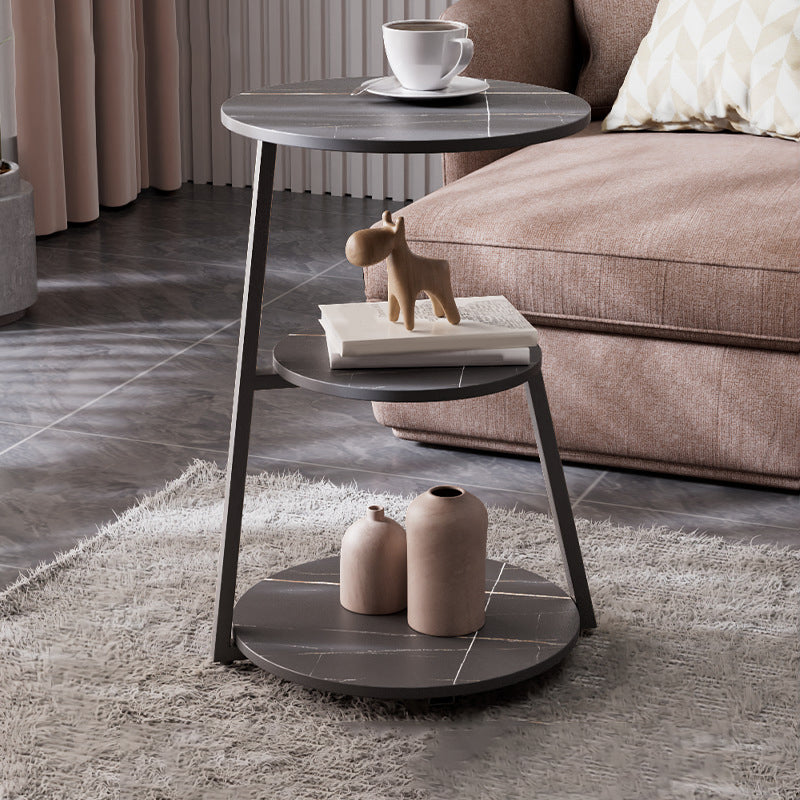 Glam Metal Side Table with Shelves Round Stone Top Accent Side Table